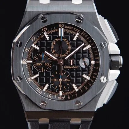 Front view of Dachang high-quality replicaAPFAudemars PiguetRoyal Oak offshore black dial26400ceramicchronograph watch devoted to research and development
