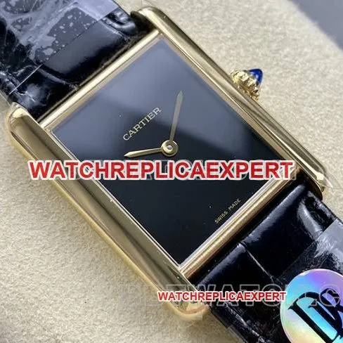 collectible watch DR factory Cartier tank black dial gold case quartz black braceletfront live photo