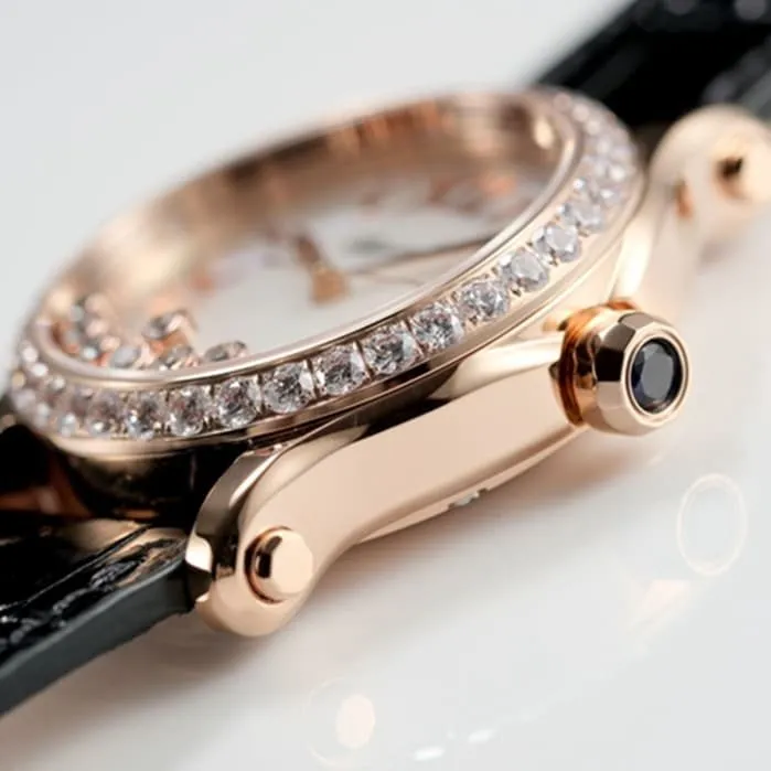 top-tier watch Chopard women's gold plate black belt happy diamond series leather strap watch front view