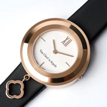 top-tier Van Cleef & Arpels women's white dial black belt Charms Gold series quartz watch front view