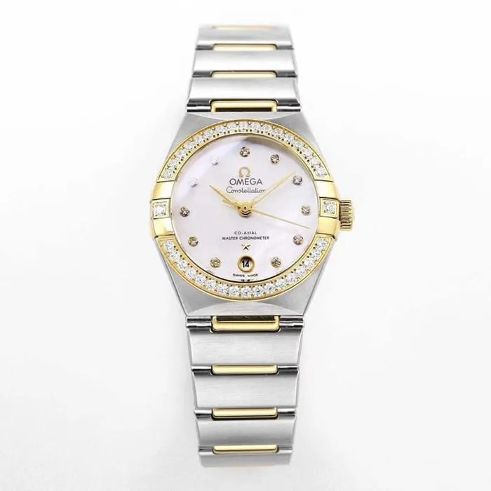 Top collectible watches Omega Women's White Plate Constellation Steel Strap Watch Front View