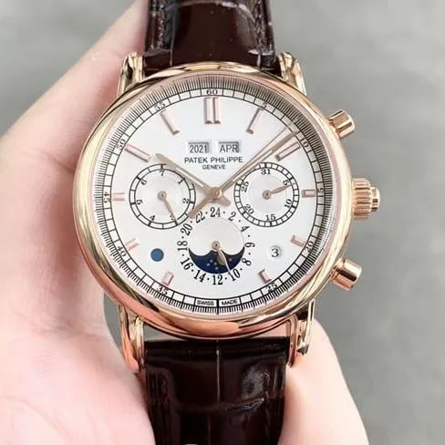 top-tier replicaPatek Philippe watch men's white dial brown belt super complex function chronograph series fully automatic movementleather strap front view