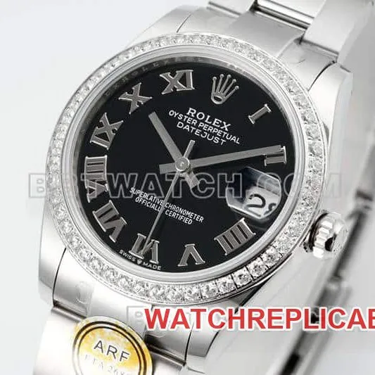 ARF FactoryRolex log super cloneblack dial Roman numerals diamond bezel31mm three grid link 278289front live photo