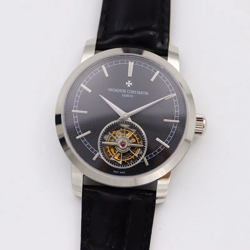 Vacheron Constantintop-tier watch Traditionnelle series tourbillonleather strapblack dial men's watch front view