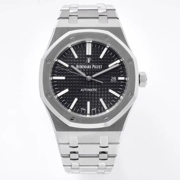 top-tier watch Audemars Piguet men's black dial Royal Oak mechanical steel bracelet watch front view