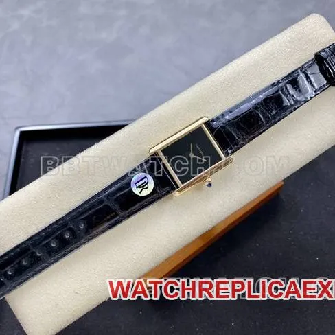 collectible watch DR factory Cartier tank black dial gold case quartz black braceletfront live photo