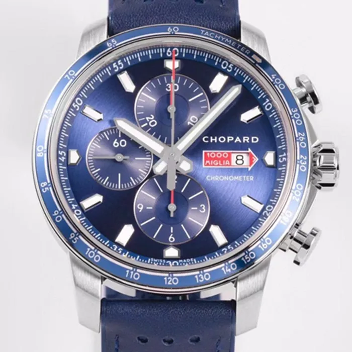top-tier watch Chopard men's blue dial racing series leather strap watch front view