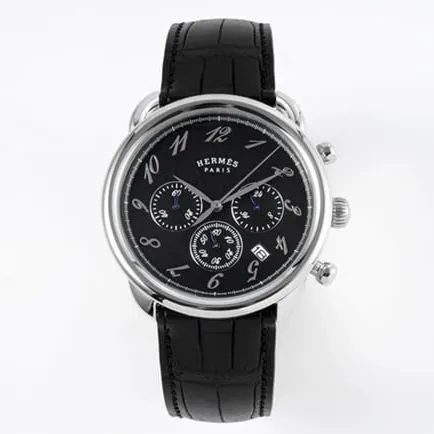 top-tier Hermès men's black dial black belt quartzleather strap watch front view