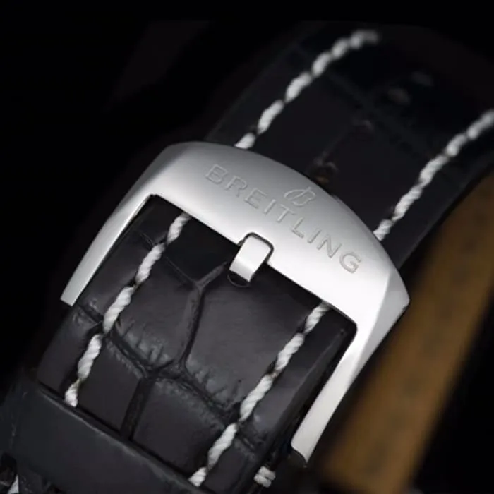 top-tier watch Breitling men's black dial aviation chronograph1 series leather strap watch front view