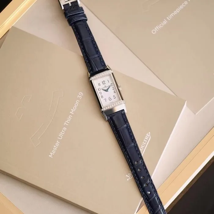 Top Jaeger-LeCoultre women's watch, white dial Reverso series, leather strap, front view
