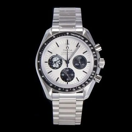 Top Omega Snoopy series men's white dial steel strap mechanical watch front view