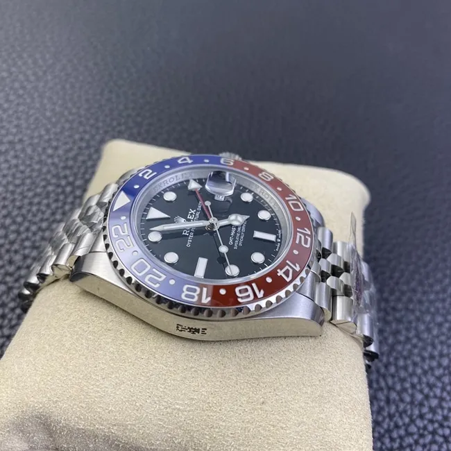 New top Rolex GMT-Master II red and blue "Coke" bezel automatic mechanical steel band men's watch, Jubilee bracelet, front view