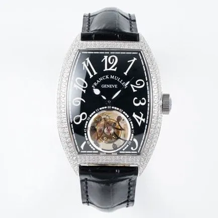 top-tier Frank Muller high-quality men's black dial black belt manual winding mechanical leather strap watch front view