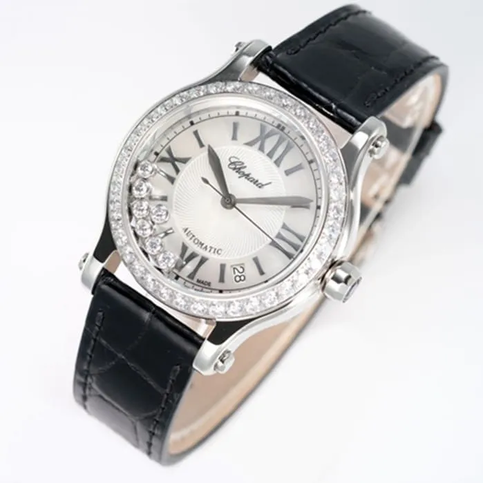 top-tier watch Chopard women's white dial black belt Happy Diamonds series watch front view