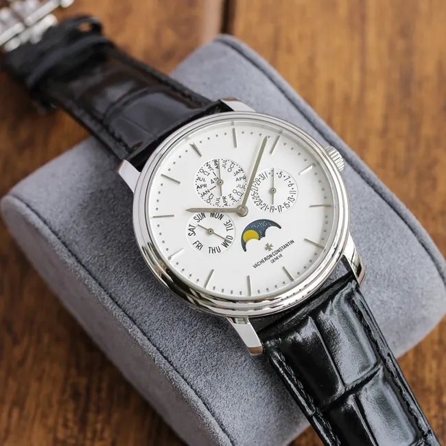 TW factory top-tier Vacheron Constantinreplica watch men's white dial black belt mechanical leather strap heritage series perpetual calendar multi-function watch front view
