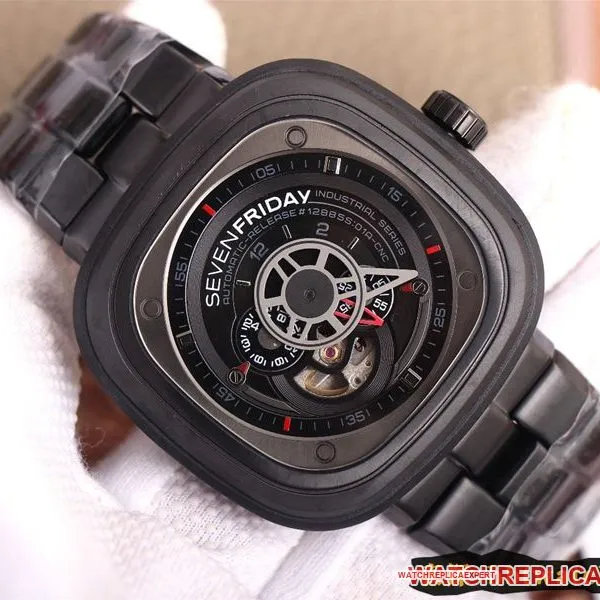 watch seven day display five SEVENFRIDAY/automatic movementmen's watch Swiss steel bracelet large dial all black front view