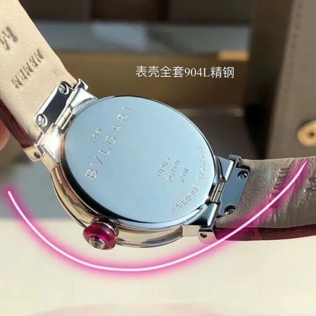 top-tier watch Bvlgari women's pink plate red strap LVCEA series leather strap watch front view