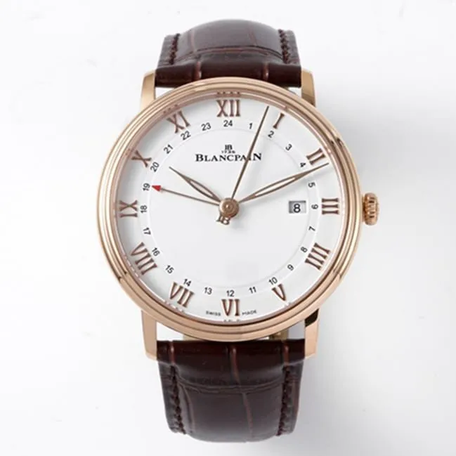 top-tier watch Blancpain men's white dial brown belt classic series leather strap watch front view