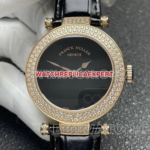 Franck Muller top-tier watchquartzABF factory black dial gold diamond bezel black leather braceletfront live photo