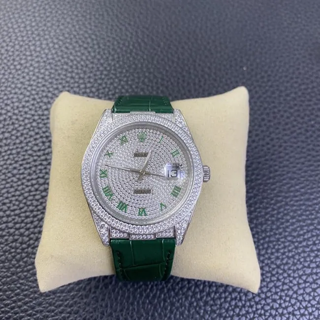 Rolextop-tier watch Datejust baby's breath men's white dial green strap fully automatic movementleather strap watch back cover picture