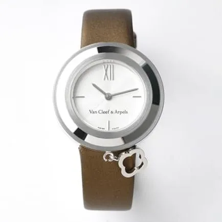 top-tier Van Cleef & Arpels women's white dial brown belt Charms Gold series quartzleather strap watch detail shots