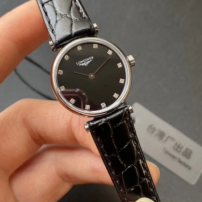 top-tier watch Longines couple watch black dial black belt Jialan series leather strap watch front view