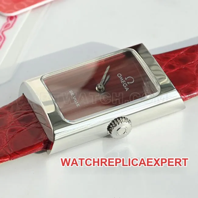 collectible Watch DeVille Omega Red Dial Quartz Red Leather Strap Front Real Photo