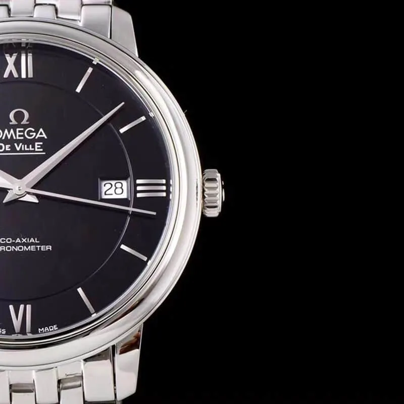 Omegatop-tiersuper watch De Ville series men's mechanical ultra-thin watch white steel black face detail shots