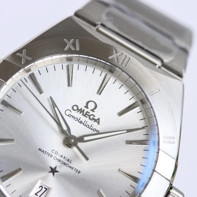 Top Omega 39mm Constellation series stainless steel watch, side view