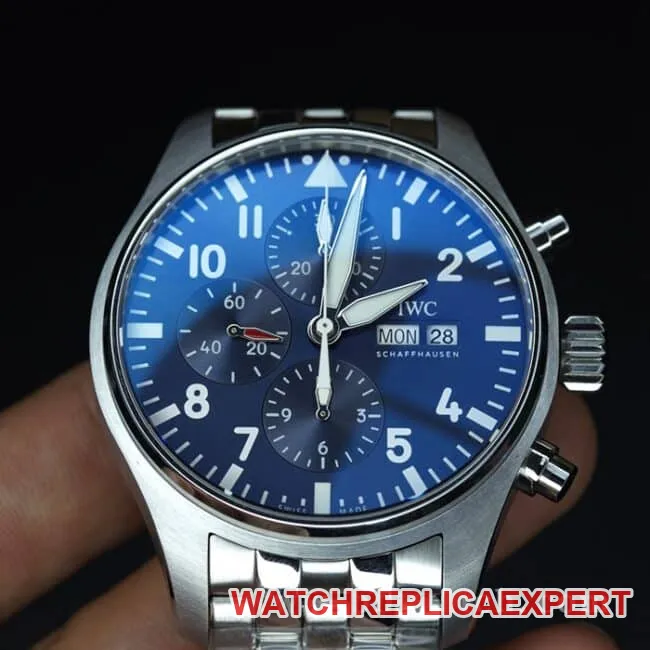 ZF Factorytop-tier watch IWC men's steel bracelet pilot little prince blue dialDay-Date fully automatic movementchronograph stopwatch front view