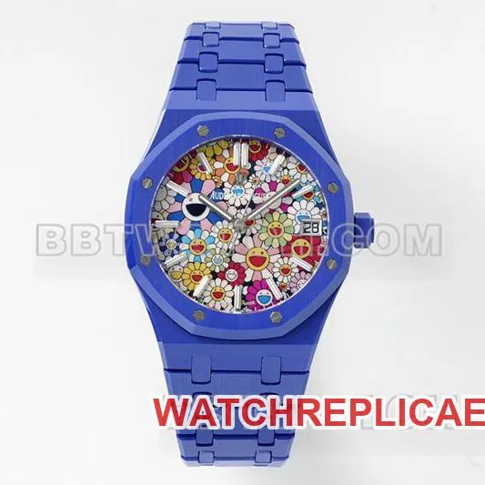 Audemars Piguet collectible watch APS factory Royal Oak flower pattern dial blue ceramicsteel bracelet model 15500front live photo