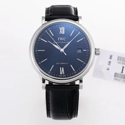 V7 factory IWC top-tier watch men's blue dial black belt disc mechanical wave fino series leather strap watch front view