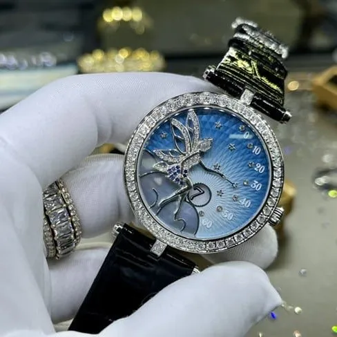 top-tier watch Van Cleef & Arpels ladies blue dial black belt fairy series leather strap watch front view