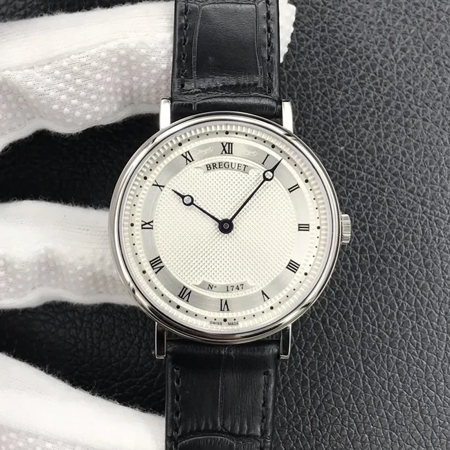 top-tier watch Breguet men's white dial black belt classic series mechanical leather strap watch movement picture