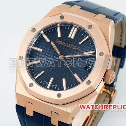 1:1replica watch Royal OakDDF factory Audemars Piguetblue dialrose gold4302 mechanical leather bracelet15510front live photo