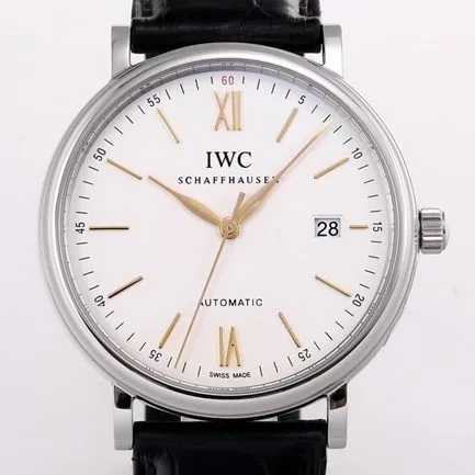 V7 factory IWC top-tier replicahigh-quality watch men's white dial black belt wave Fino series disc automatic movementleather strap watch front view