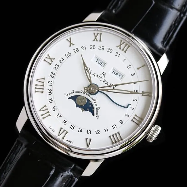 top-tier watch Blancpain men's white dial black belt villeret classic 6654moon phase display series leather strap watch movement picture