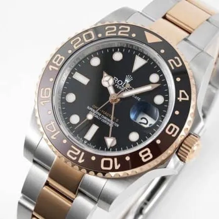 GS factory top-tier watch RolexGMT-Master Sarsaparilla ring the most beautiful rose gold black bottom men's mechanical watch front view