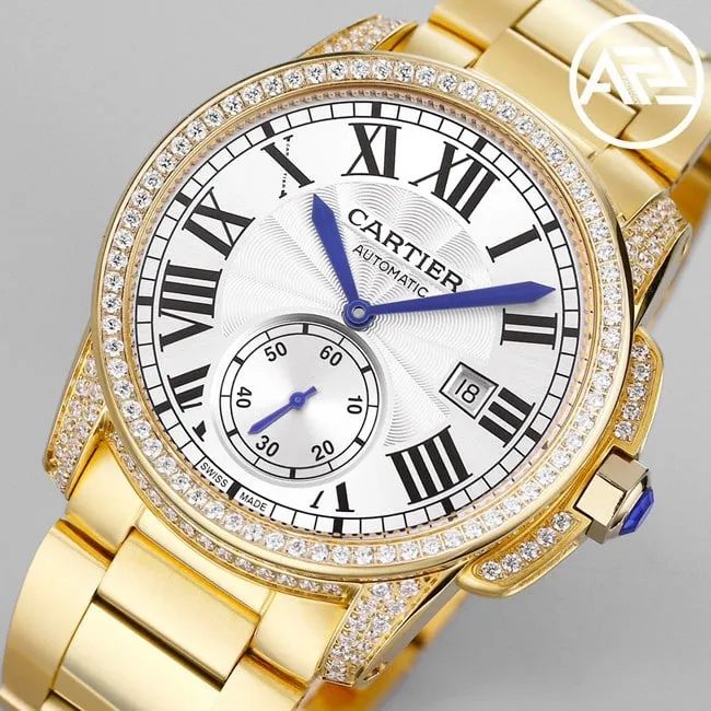top-tier watch Cartier men's automatic movement white dial gold steel bracelet Kalibo series watch side view