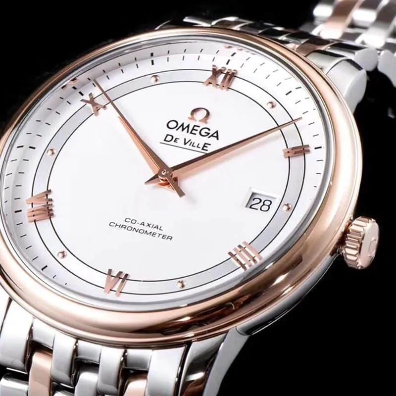 Omegahigh-quality watch De Ville series men's mechanical ultra-thin watch rose goldsteel bracelet front view