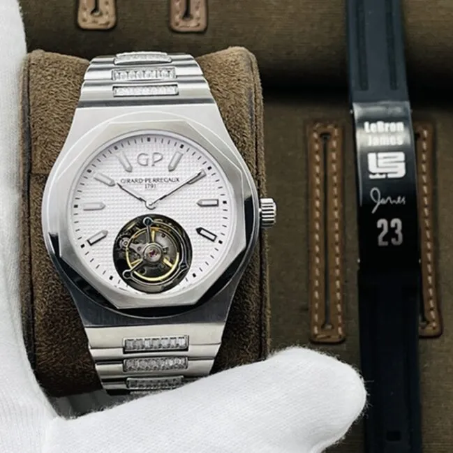 Top-tier watch Girard-Perregaux men's white dialsteel bracelet Laurel series tourbillon mechanical watch front view