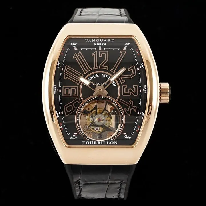 RMS factory Frank Muller men's watch black dialrose goldleather strap model V 45 T BR (NR) front live photo