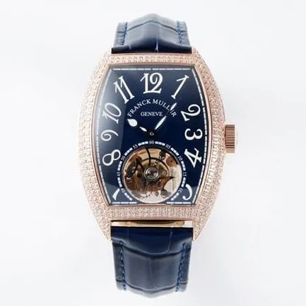 ABF factory top-tier Frank Muller watch men's blue dial blue belt manual winding leather strap front view