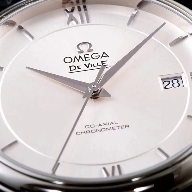 Omegatop-tiersuper watch disc flying business series men's mechanical ultra-thin watch black leather white face front view