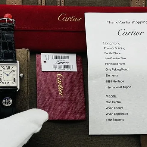 DR factory Cartiertop-tier watch tank series ladies white dial black belt fully automatic movementleather strap watch front view