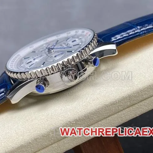 collectible watch BLS factory aviation chronographBreitling silver white dial blue leather strap model front live photo