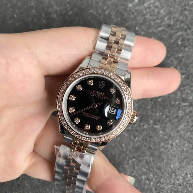 Rolex Datejust women's watch, 28mm, mechanical bezel with diamonds, rose gold case, black dial, front view