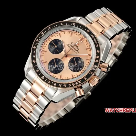 Omega Speedmaster pink gold plate gold steel bracelet model 310.20.42.50.99.001front live photo