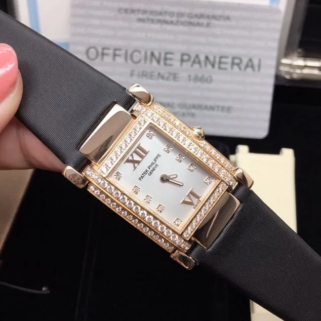 AW factory real diamond replicaPatek Philippewhite dial black belt ladies' watchmovement picture