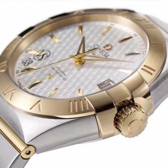 super cloneOmegayellow goldwhite dialdate displayvs constellation temperament 8500 mechanical watch front view